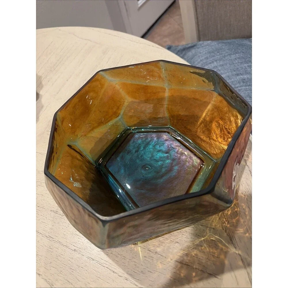 Pier One Iridescent Angles Teal Glass Vase 8